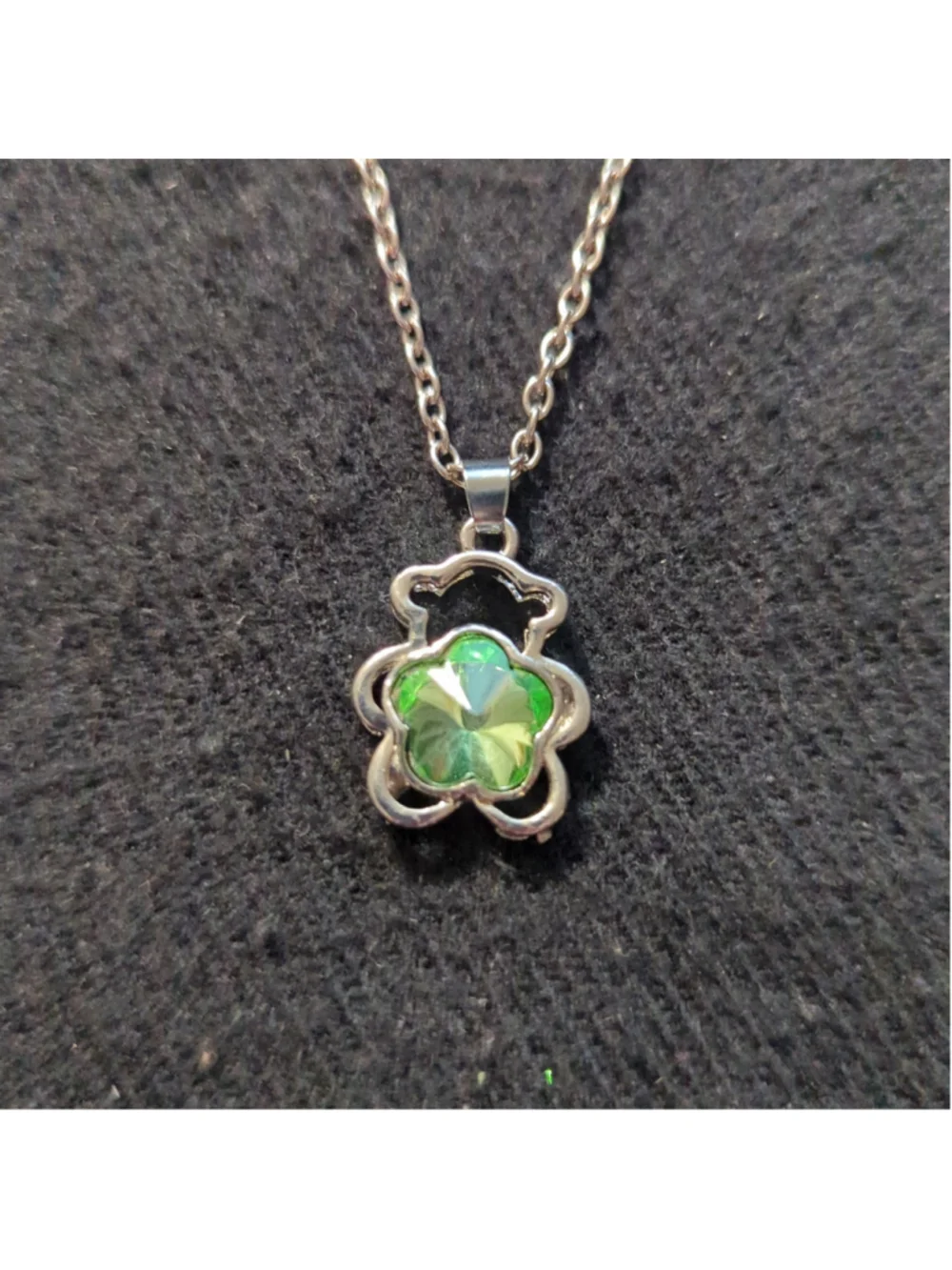 Silver Tone Green Crystal Bear Dainty Delicate Pendant Statement Necklace